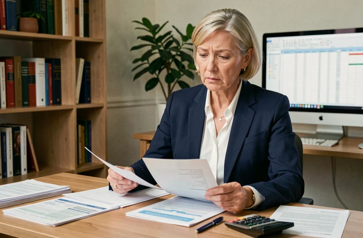 Femme de 58 ans consultant ses relevés de retraite et documents de calcul de pension à son bureau à domicile