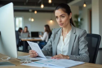 Femme cadre analysant des fiches de paie et calcul de salaire net au bureau