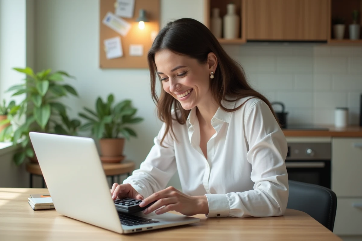 Jeune femme souriante fait ses calculs dans sa cuisine