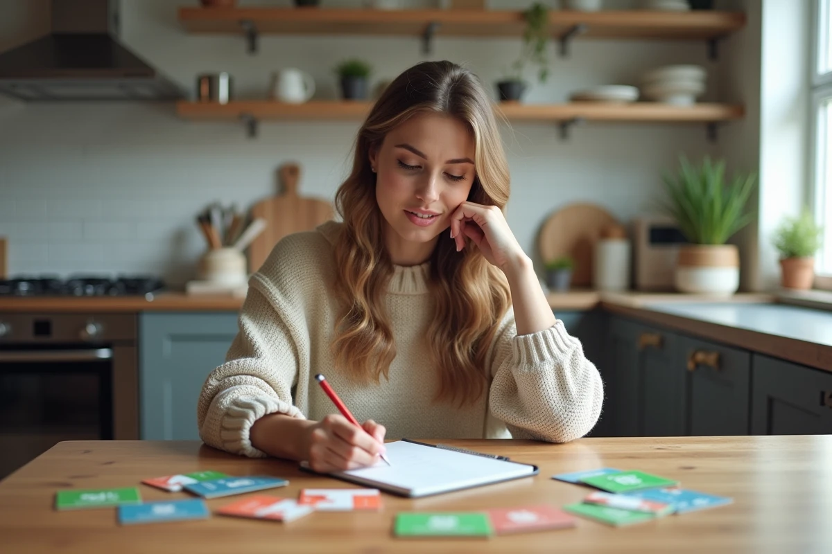 Femme en cuisine avec cartes cadeaux UpCadhoc