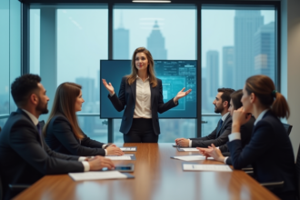 Femme confiante en réunion d'affaires moderne