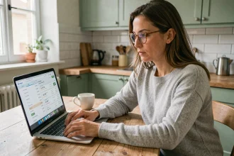 Femme consultant son espace client LCL sur un ordinateur portable dans une cuisine moderne
