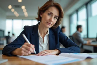 Femme consultant un document de compte à terme dans une agence bancaire Crédit Agricole