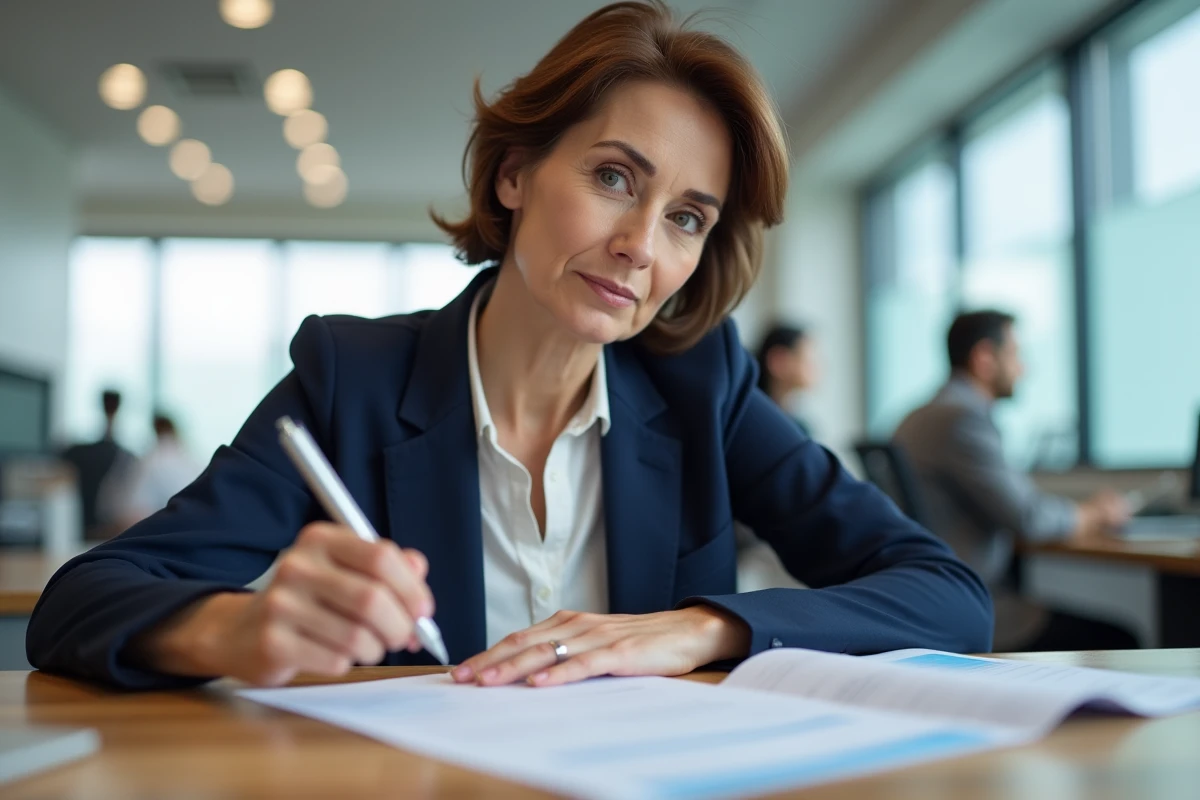 Femme consultant un document de compte à terme dans une agence bancaire Crédit Agricole