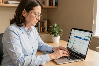Femme consultant son compte Caisse d'Epargne sur un ordinateur portable depuis un bureau à domicile