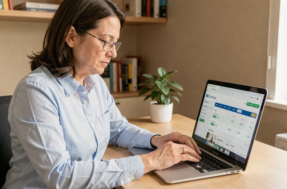 Femme consultant son compte Caisse d'Epargne sur un ordinateur portable depuis un bureau à domicile