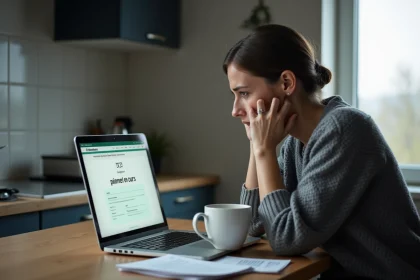 Femme inquiète consultant son espace Pôle emploi sur un ordinateur portable avec la mention paiement en cours