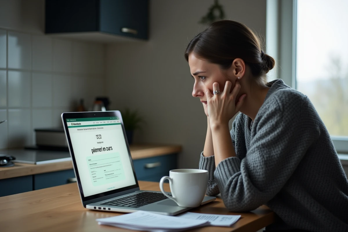 Femme inquiète consultant son espace Pôle emploi sur un ordinateur portable avec la mention paiement en cours