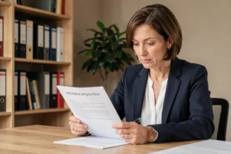 Femme examinant un contrat d'assurance emprunteur Casden à son bureau à domicile