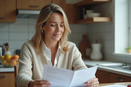 Femme d'âge moyen examine un contrat d'assurance à la maison