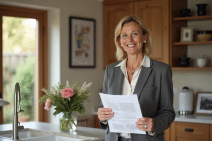 Femme d'âge moyen dans une cuisine avec documents immobiliers
