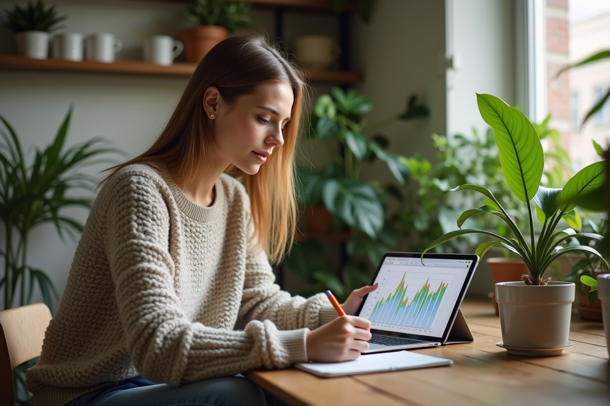 Jeune femme étudie un graphique sur tablette à la maison