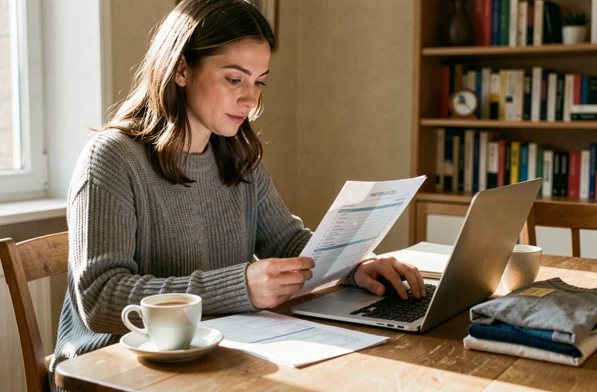 Femme consultant sa déclaration fiscale Vinted sur ordinateur portable avec des vêtements à vendre posés sur une table en bois
