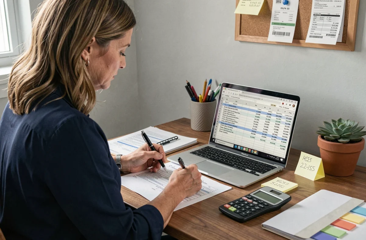 Femme remplissant une déclaration fiscale papier pour ses ventes en ligne Vinted avec tableur de suivi des transactions