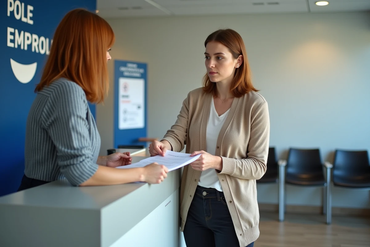 Femme déposant des documents à Pôle Emploi pour ouverture de droits au chômage avec primes