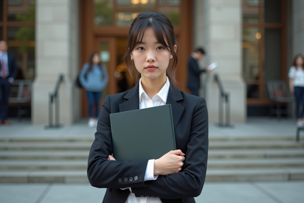 Jeune femme devant un tribunal en milieu urbain