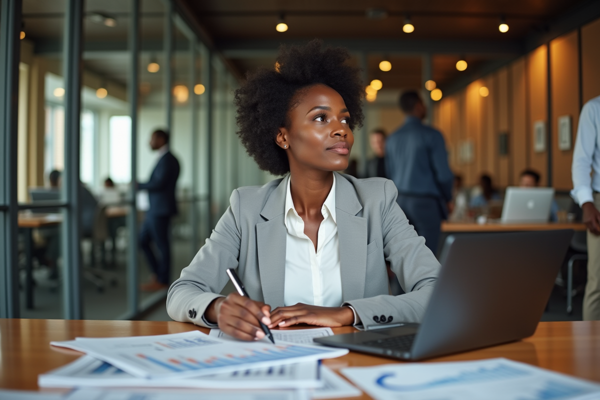 Femme économiste en réunion avec documents et ordinateur