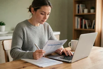 Femme consultant des documents financiers sur un ordinateur portable pour emprunter 1500 euros sans banque