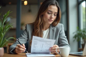 Femme consultant sa fiche de paie dans un bureau moderne, stylo à la main, illustrant la conversion de 1800 euros bruts en net