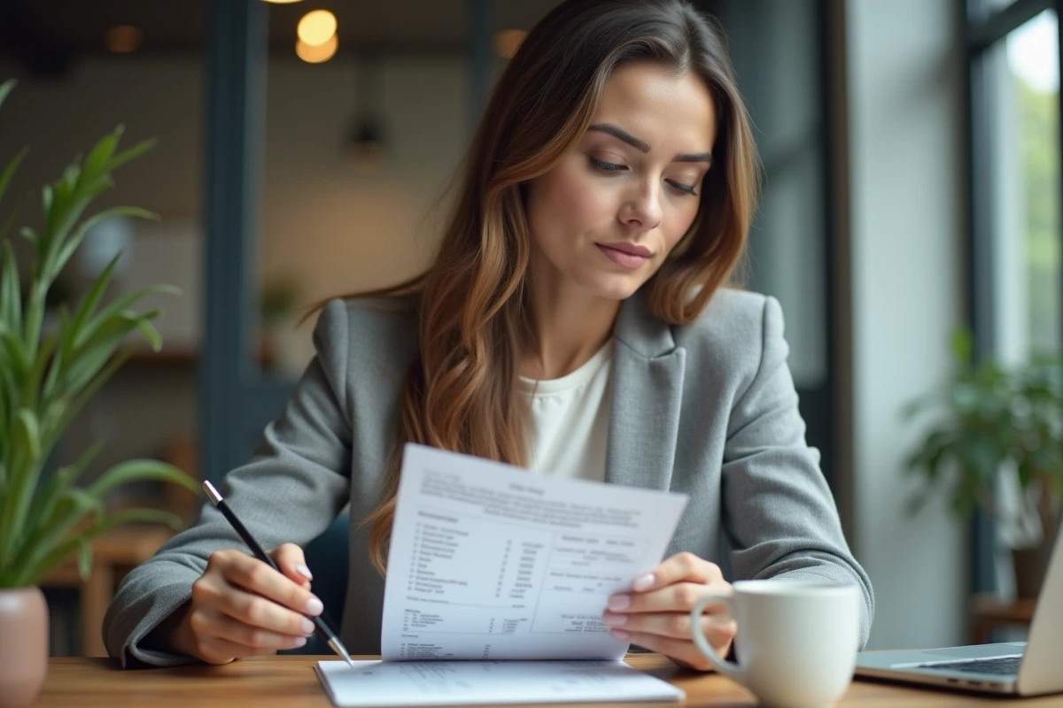 Femme consultant sa fiche de paie dans un bureau moderne, stylo à la main, illustrant la conversion de 1800 euros bruts en net