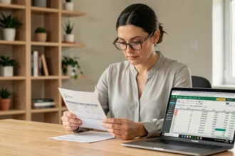 Femme consultant une fiche de paie avec prélèvement à la source sur son bureau à domicile