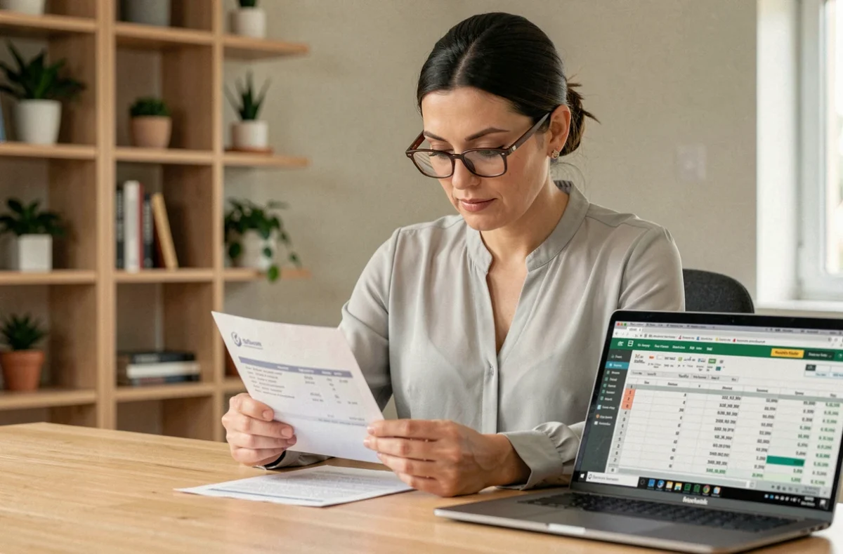 Femme consultant une fiche de paie avec prélèvement à la source sur son bureau à domicile