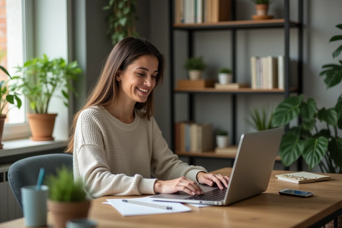 Femme d'une trentaine d'années travaillant à son bureau