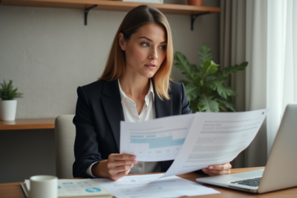 Femme d'affaires examinant des documents financiers dans un bureau moderne