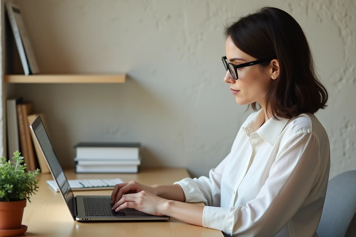 Femme consultant un portail de courtage en assurance AXA depuis son bureau à domicile