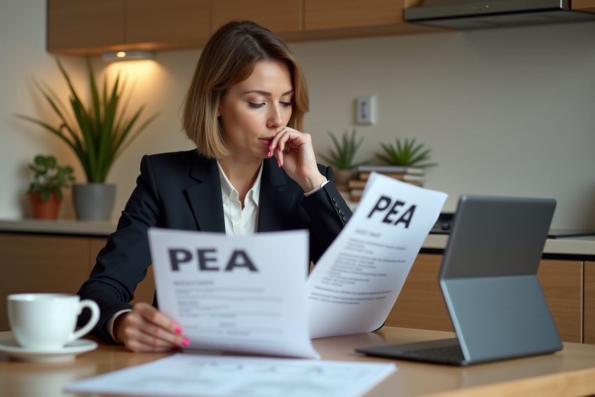 Femme en gestion de finances avec documents PEA à la maison