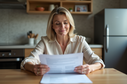 Femme d'âge moyen étudiant des documents immobiliers dans une cuisine moderne