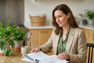 Femme d'une quarantaine d'années examine des documents d'investissement écologique