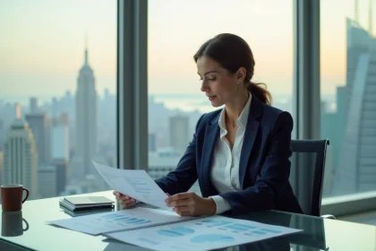 Femme investisseure analysant des graphiques financiers dans un bureau moderne pour diversifier son portefeuille au-delà de la Bourse