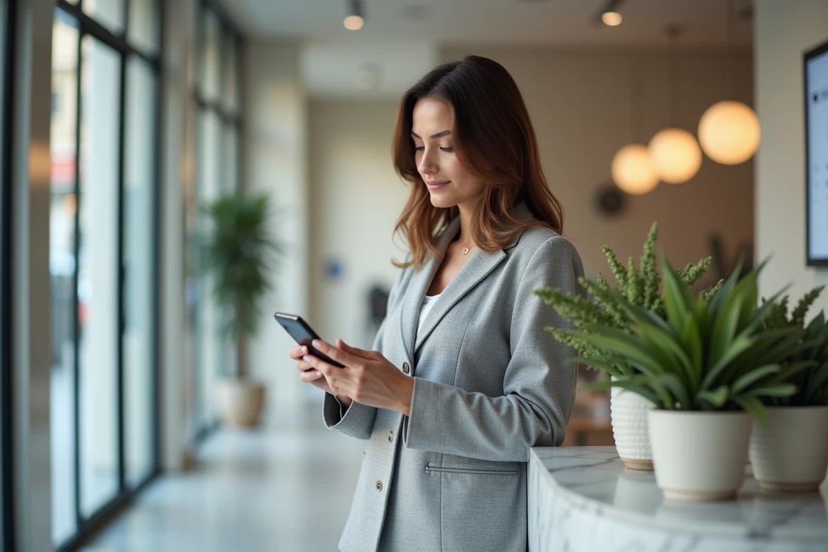 Femme consultant un livret d'épargne et une application financière dans une agence bancaire face à l'inflation 2026