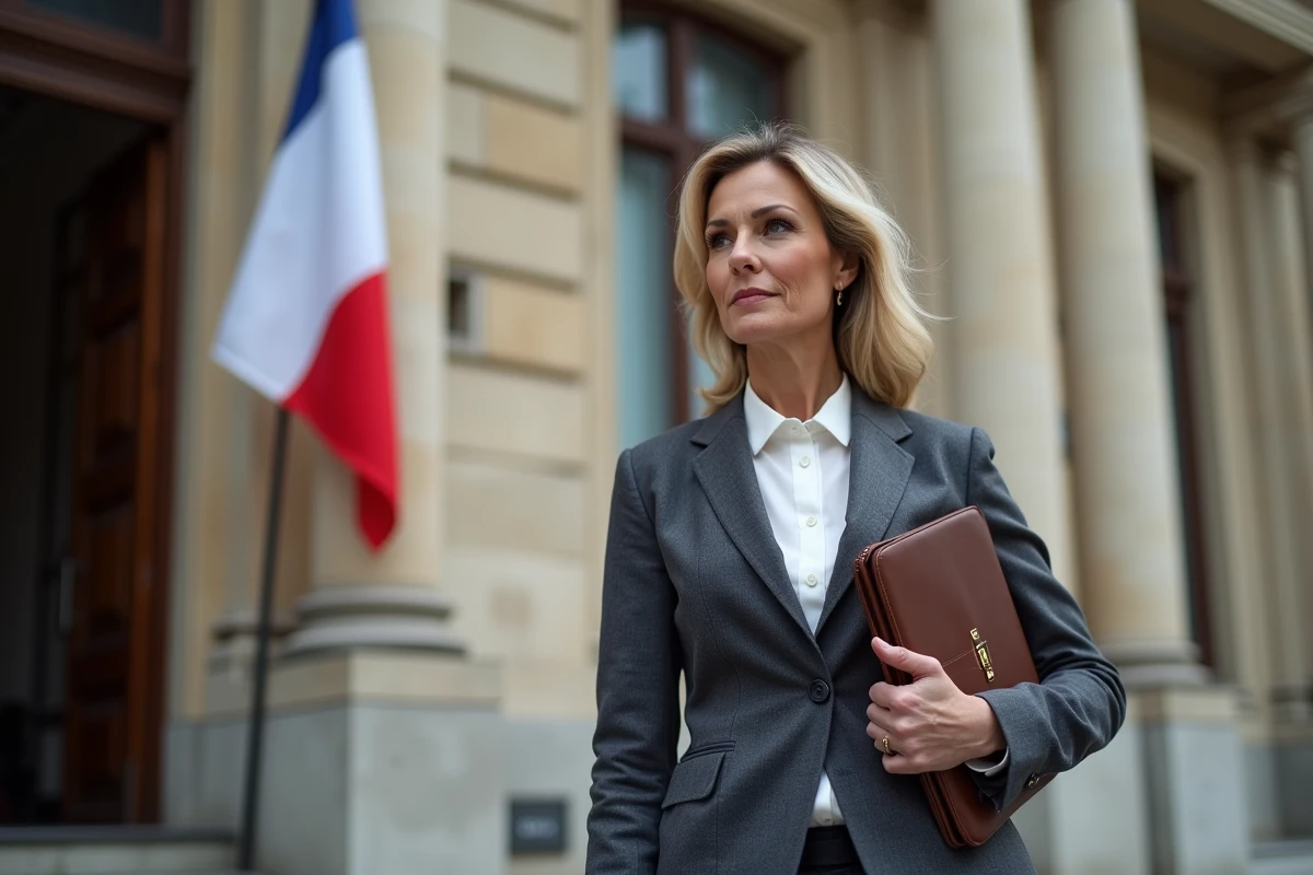 Femme maire en écharpe tricolore devant la façade d'un hôtel de ville français