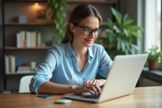 Femme en blouse bleue payant en ligne à domicile