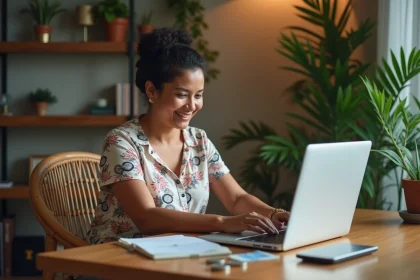 Femme polynesienne souriante compare devises dans un bureau cosy