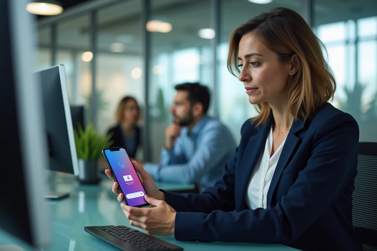 Femme professionnelle consultant son smartphone et son ordinateur pour résoudre un problème de connexion Cofidis Pro au bureau
