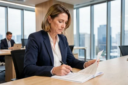 Femme professionnelle examinant un contrat d'assurance responsabilité civile professionnelle dans un bureau moderne