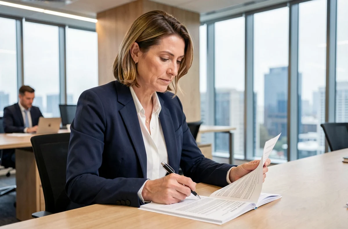 Femme professionnelle examinant un contrat d'assurance responsabilité civile professionnelle dans un bureau moderne
