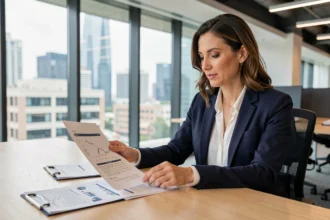 Femme professionnelle analysant des documents financiers liés à un investissement en SCPI dans un bureau moderne