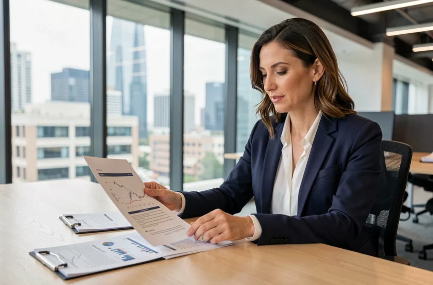 Femme professionnelle analysant des documents financiers liés à un investissement en SCPI dans un bureau moderne