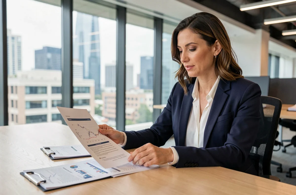 Femme professionnelle analysant des documents financiers liés à un investissement en SCPI dans un bureau moderne