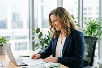 Femme souriante en bureau moderne avec dossiers verts