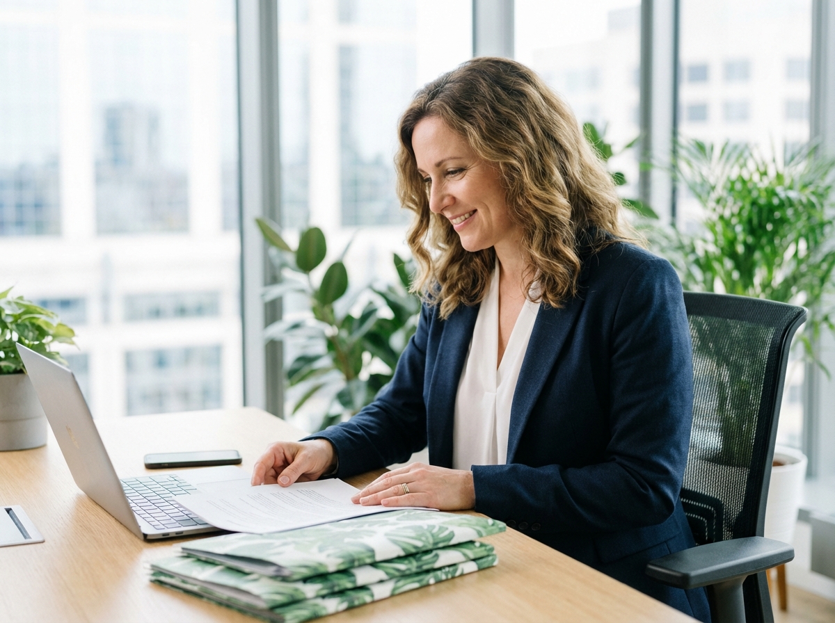 Femme souriante en bureau moderne avec dossiers verts
