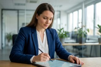 Femme professionnelle signant un document numérique sur tablette avec une solution de signature électronique API en entreprise