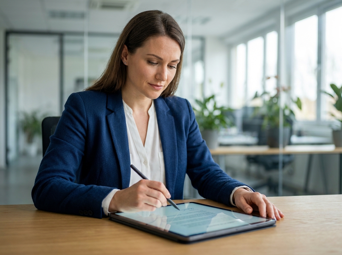 Femme professionnelle signant un document numérique sur tablette avec une solution de signature électronique API en entreprise