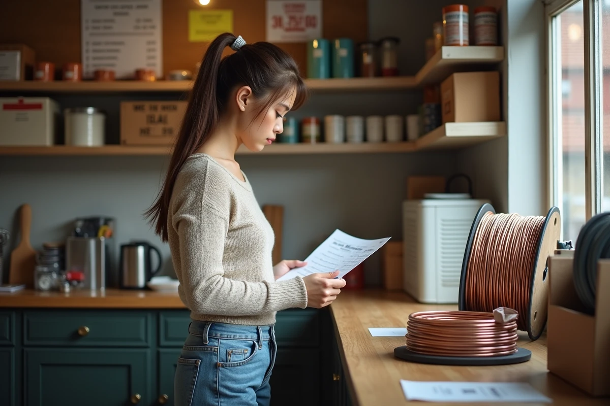 Jeune femme examinant une liste de prix de câble cuivre dans un magasin de recyclage