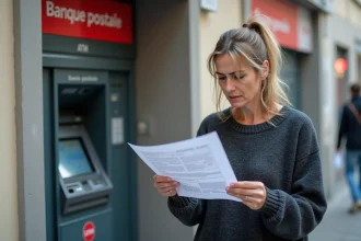 Femme confus devant un distributeur Banque Postale