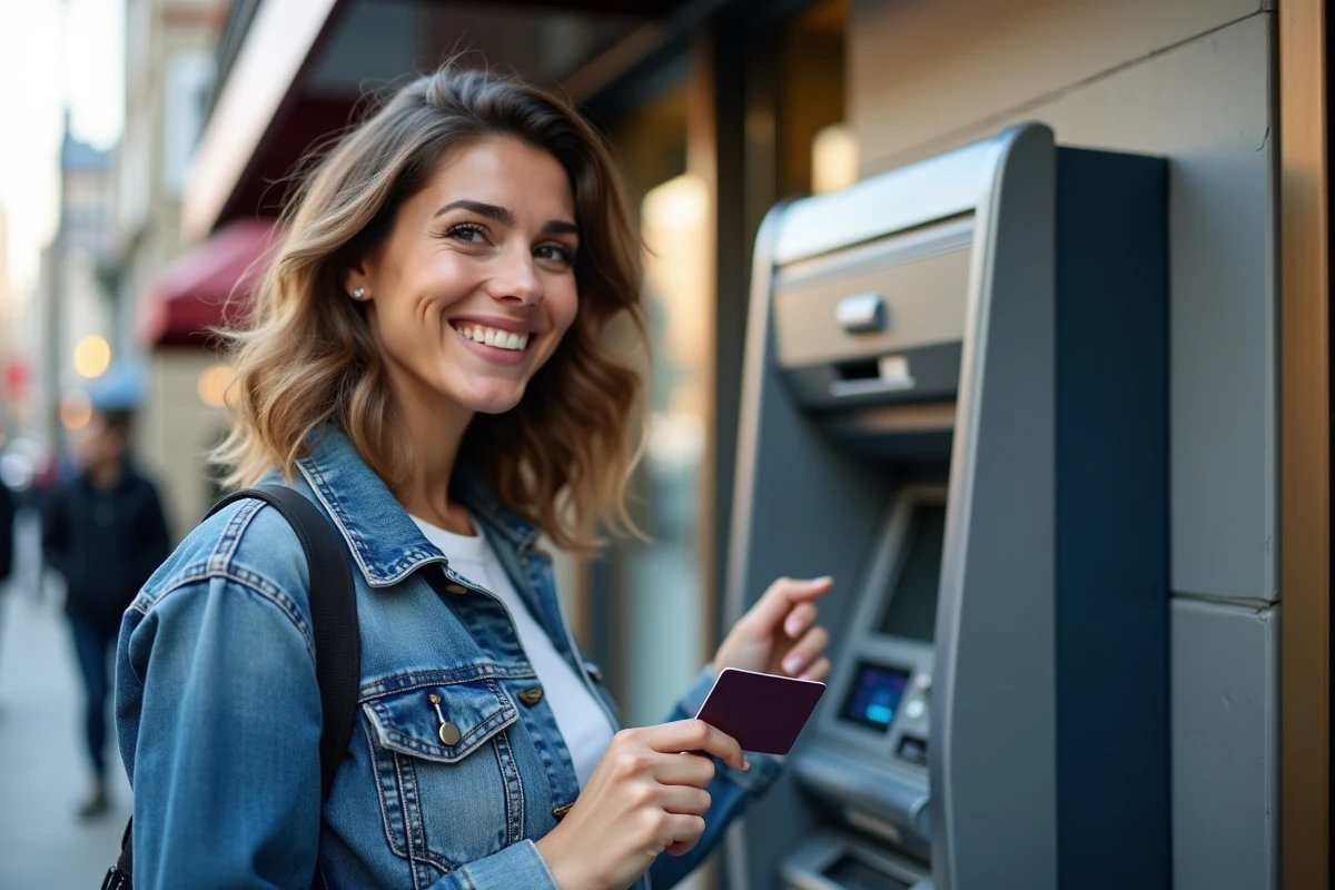 Femme souriante retire de l'argent à un ATM en ville